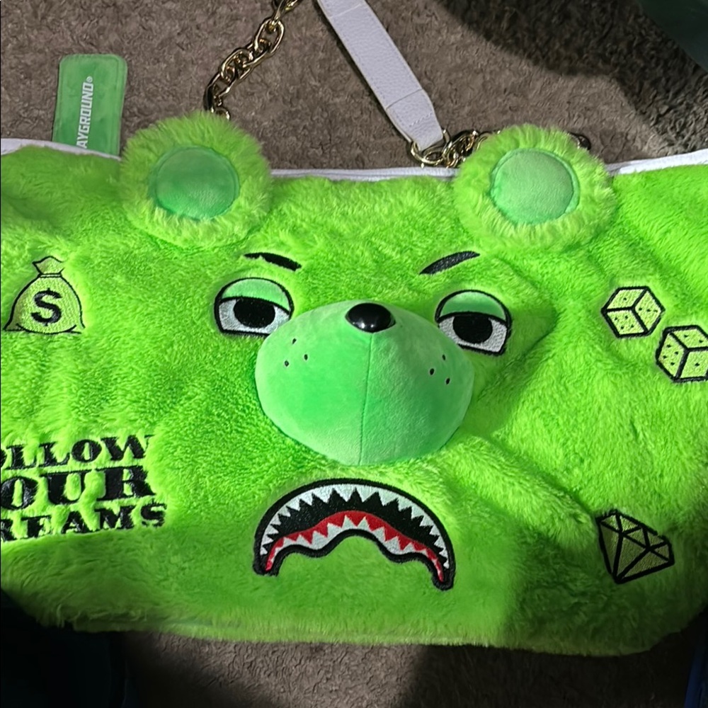 Neon Green Plush Bear Face Bag